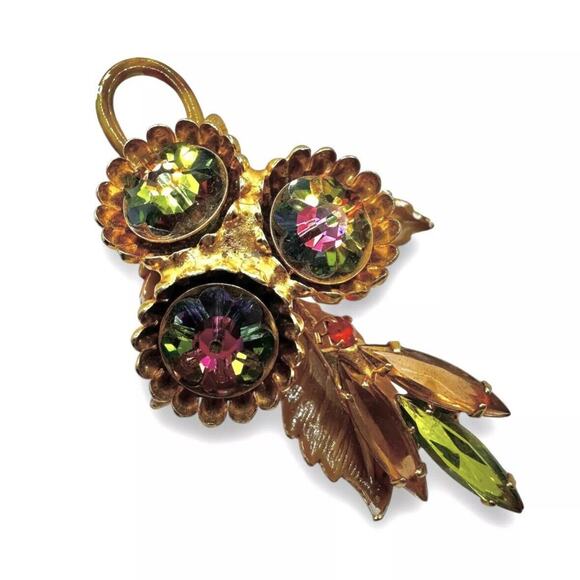 Vintage Watermelon Heliotrope Rhinestone Gold Tone Leaf Flower Enamel Brooch - Picture 1 of 4